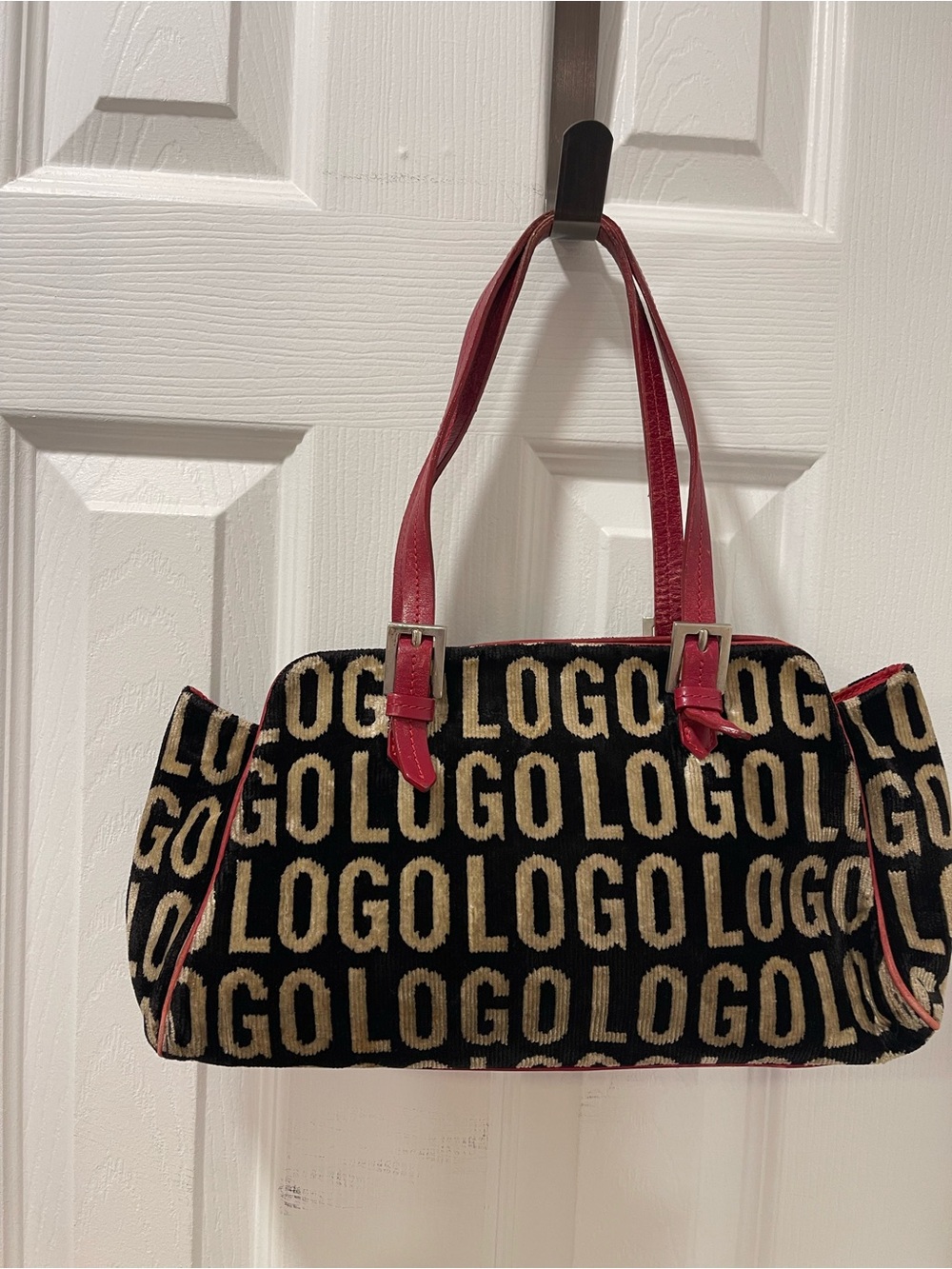 Vintage Moschino corduroy Logo Jacquard Shoulder Bag with Red Trim